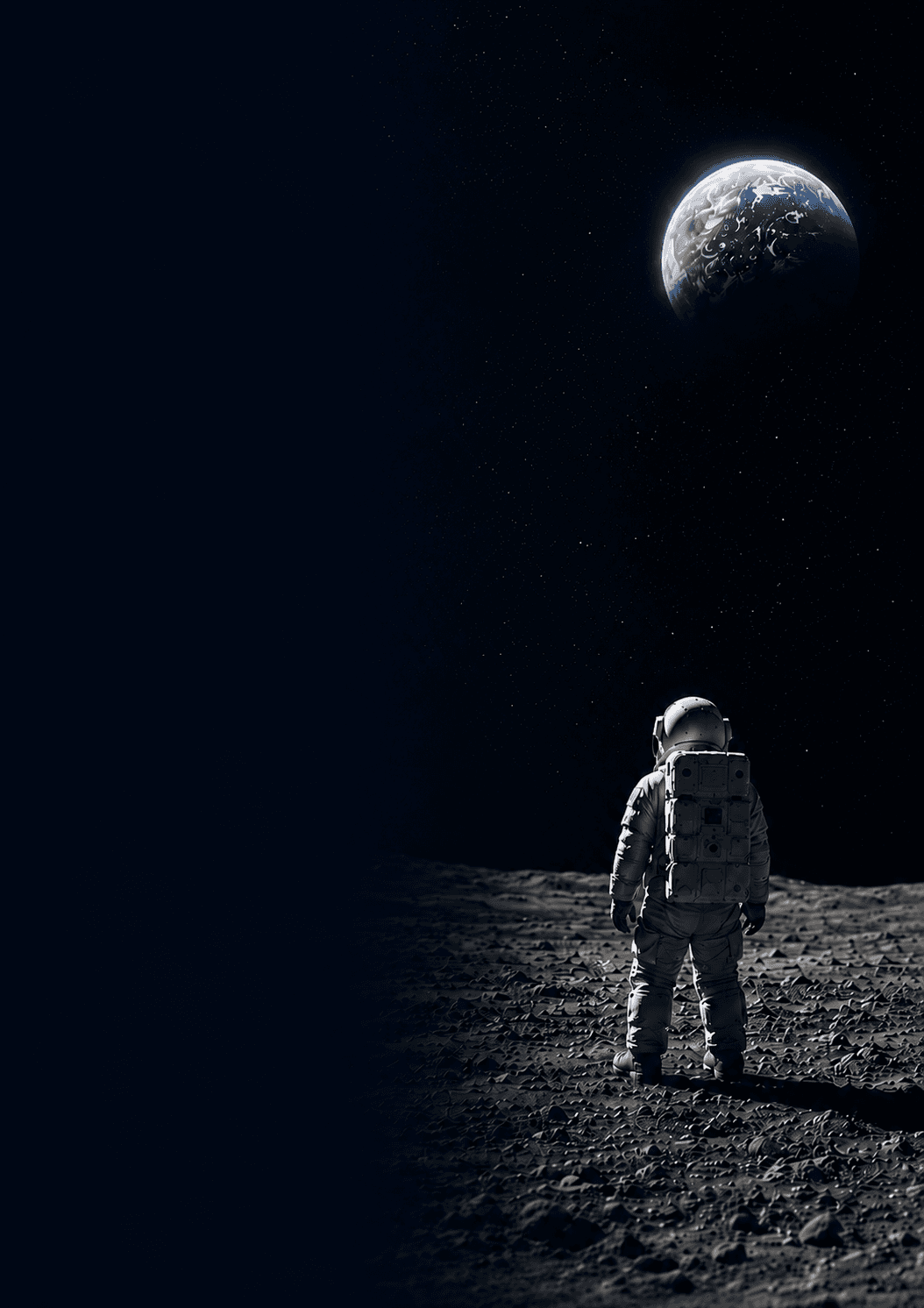 月面に立つ宇宙飛行士と地球